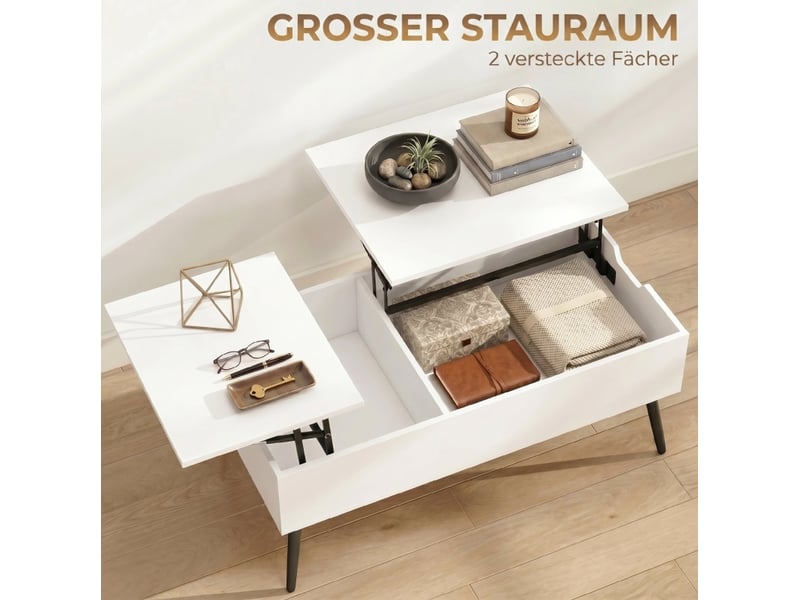  Table basse relevable avec 2 plateaux, rangement caché et pieds en métal noirs pour salon en panneaux e1 blancs  - Conforama E