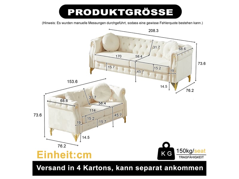  Canapé 2 +3 places en velours beige avec pieds en métal doré  - Conforama C