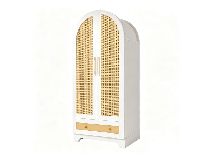  Armoire de chambre 2 portes en rotin 70 x 55 x 170 cm avec tiroir et étagères, design incurvé, meuble de rangement, blanc Sol Morn - Conforama A