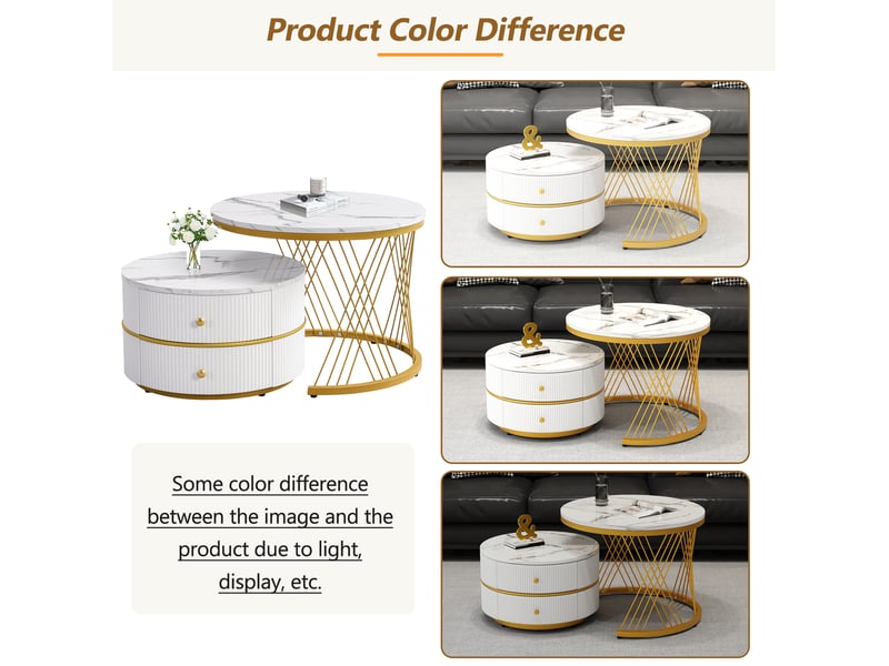  Tables basses gigognes rondes avec 2 tiroirs, finition brillante effet marbre, en mdf, blanc, pour salon  - Conforama E