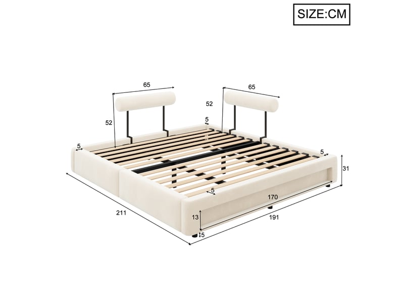  Lit 2 places 180x200 cm avec dossiers réglables, led, lit plateforme en velours, coins arrondis, design moderne beige  - Conforama C