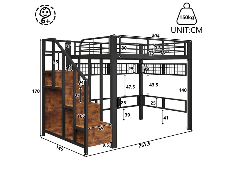 Lit mezzanine lit haut 140x200 cm avec tiroirs, rangements intégrés, led et échelle ou escalier, structure métal, noir - Conforama E