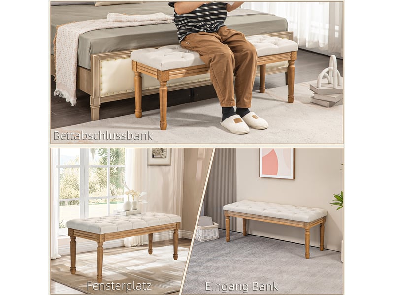  Banquette rembourrée 120 x 41 x 48 cm – blanc crème – style français et pieds en bois  - Conforama D