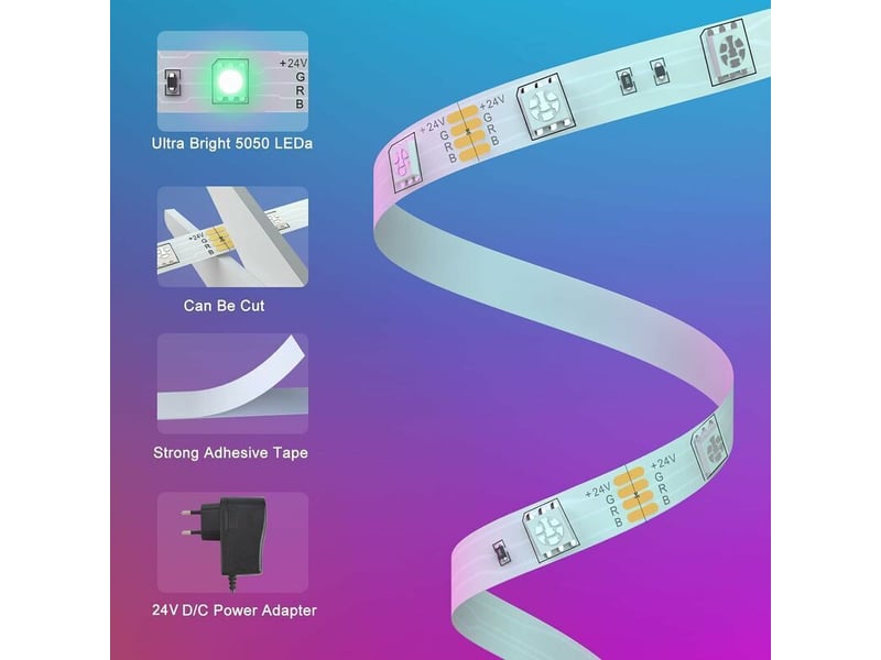  Ruban led rgb 20m,bande lumineuse bluetooth dimmable avec contrôle par application,télécommande à 44 boutons,réglage de la 24v chambre(5m×4)  - Conforama C