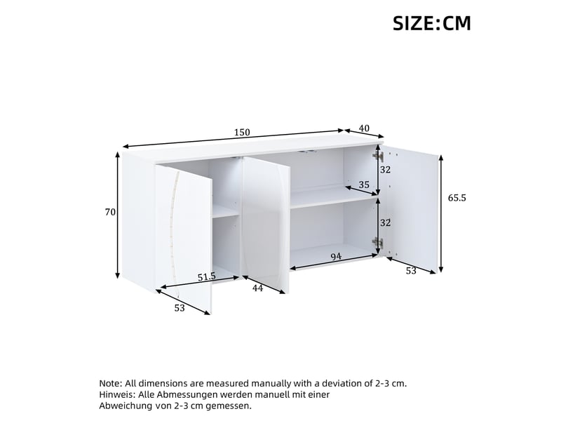  Buffet 150x40x70 cm avec 3 portes éclairage led, sideboard moderne haute brillance avec grand rangement pour salon salle à manger, bois, blanc Seren Glow - Conforama C