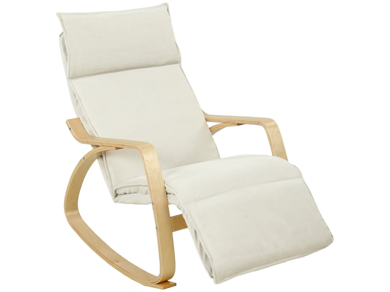  Fauteuil à bascule blanc crème avec repose-pieds réglable 5 positions et revêtement aspect lin  - Conforama A