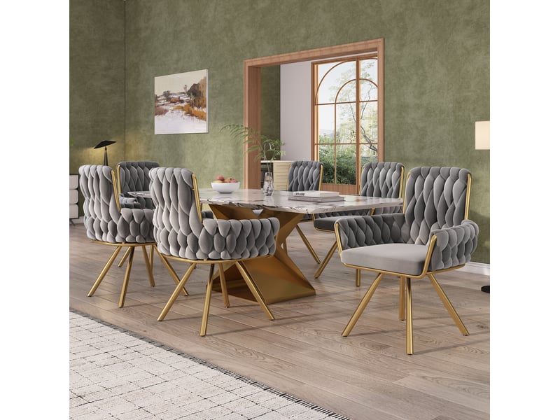  Chaise de salle à manger pivotante avec accoudoirs et dossier haut, pieds en métal, lot de 4 en velours gris  - Conforama D