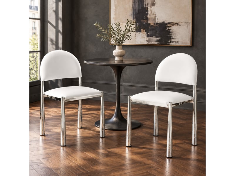  Chaise de salle à manger lot de 2 avec dossier semi-circulaire rembourré et pieds en métal, pu blanc  - Conforama B