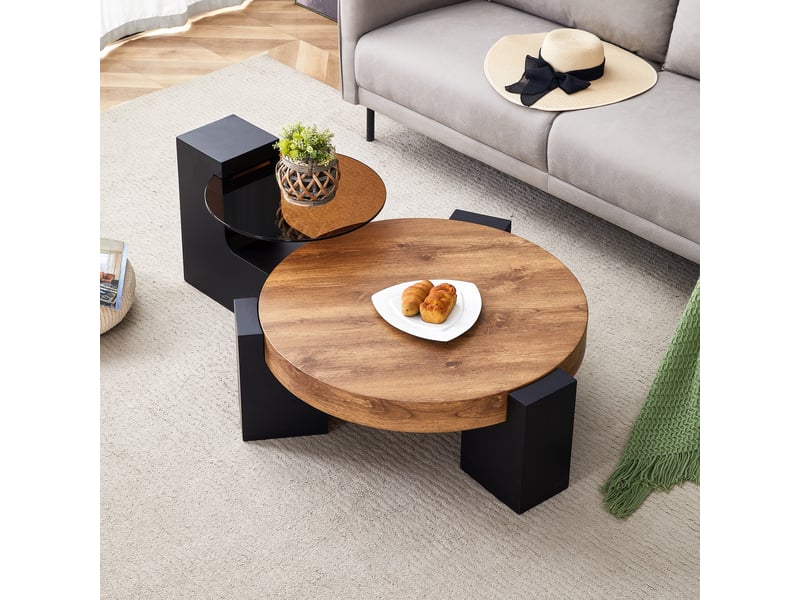 Table basse ronde 61 x 30 cm + desserte 44 x 44 cm, deux niveaux, pieds en l démontables, mdf et verre, noir et bois - Conforama W