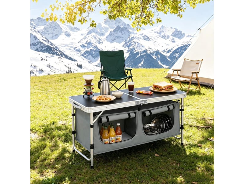 Table de jardin pliante 120 x 47 cm en aluminium, hauteur réglable avec sac de rangement suspendu bicolore - Conforama E