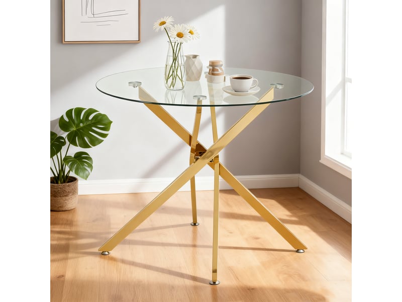  Table à manger ronde 2 à 4 places avec plateau en verre trempé - lpospi - pieds croisés en métal - doré 80 × 80 × 76 cm  - Conforama C