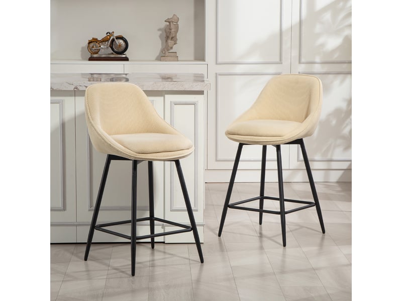  Lot de 2 tabourets de bar en tissu velours côtelé, chaises de bar avec dossier courbé, repose-pieds, 49x52x88cm, beige  - Conforama C