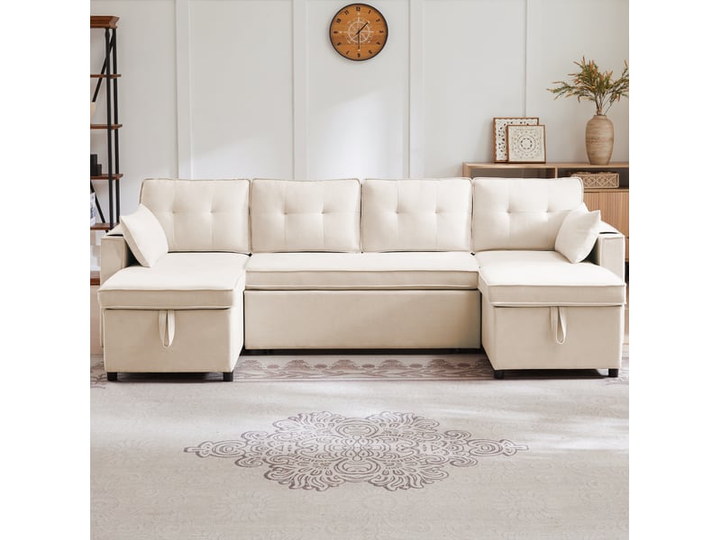  Canapé panoramique convertible modenvie 4 places avec rangement 270 x 130 cm beige aspect lin  - Conforama E