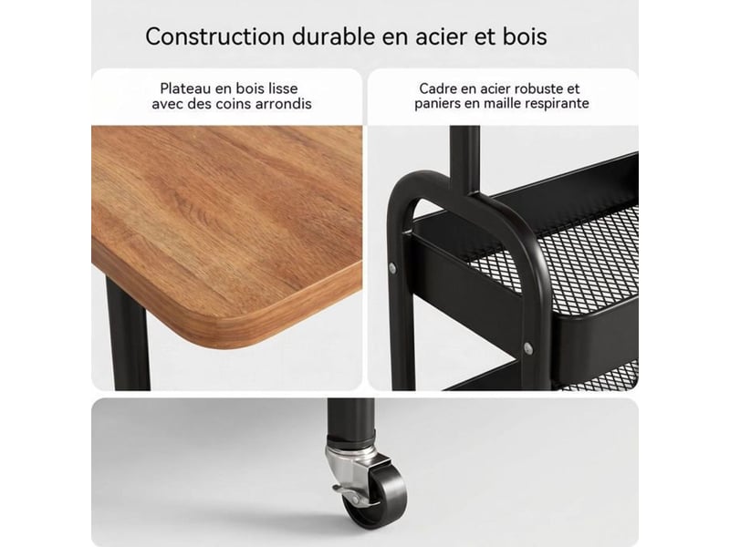 Chariot roulant multifonction 3 niveaux 43x30x60 cm cadre metal noir plateau bois 414350_AACSW71051_6_DROPFR - Conforama D