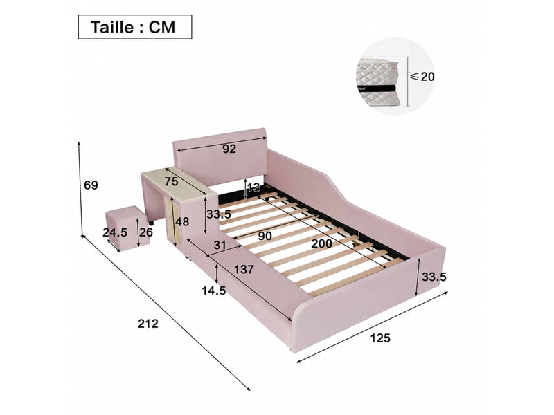  Lit combiné enfant 90x200 cm en velours, lit simple avec bureau, tabouret et étagère, sans matelas, rose  - Conforama D