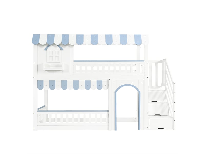  Lit superposé enfant 90x200 cm – blanc et bleu – escalier de rangement intégré à 3 marches, sans matelas  - Conforama D
