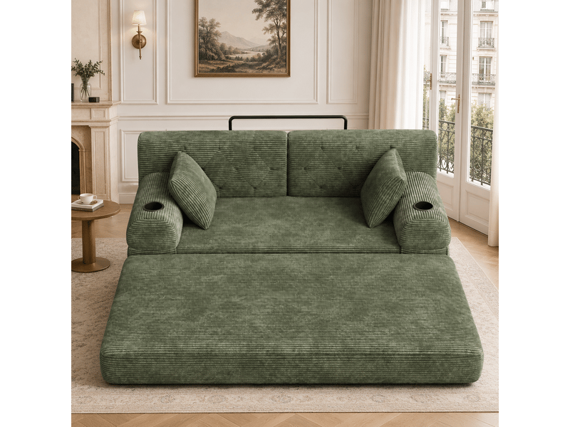  Canapé convertible 2 places en velours côtelé – canapé lit compact avec dossier haut, structure métal, mousse haute densité, porte-gobelets et poches de rangement – vert  - Conforama E
