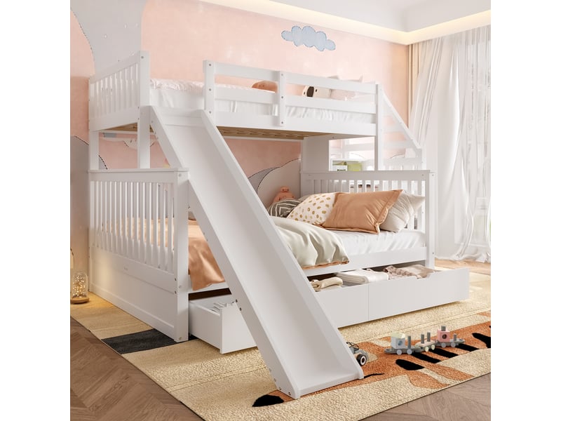 Lit superposé 90x200 sur 140x200 avec toboggan et tiroirs, lit superposé blanc multifonction en bois massif pour enfants. - Conforama R