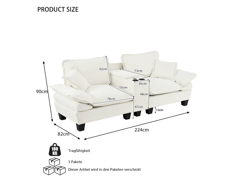  Canapé droit modulable, rangements, porte-gobelets, 2 coussins et mousse haute densité, 224 × 82 × 90 cm, beige  - Conforama C