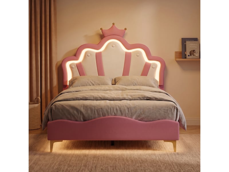  Lit simple 140x190 cm, lit capitonné enfant avec rgb led et tête de lit couronne réglable, lit capitonné avec sommier, rose  - Conforama B