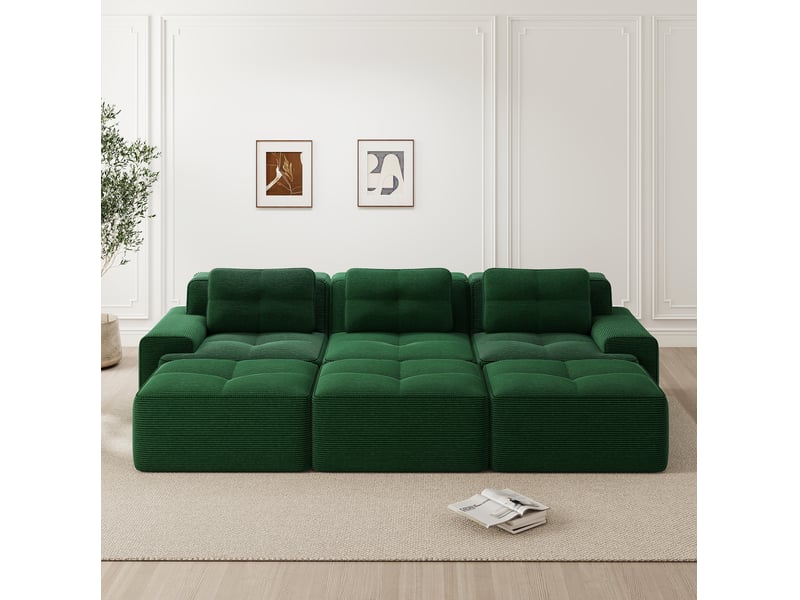 Canapé d'angle modulable ulevr 3 places avec fonction couchage, 3 poufs, velours côtelé vert, 293 x 177 x 69 cm - Conforama B