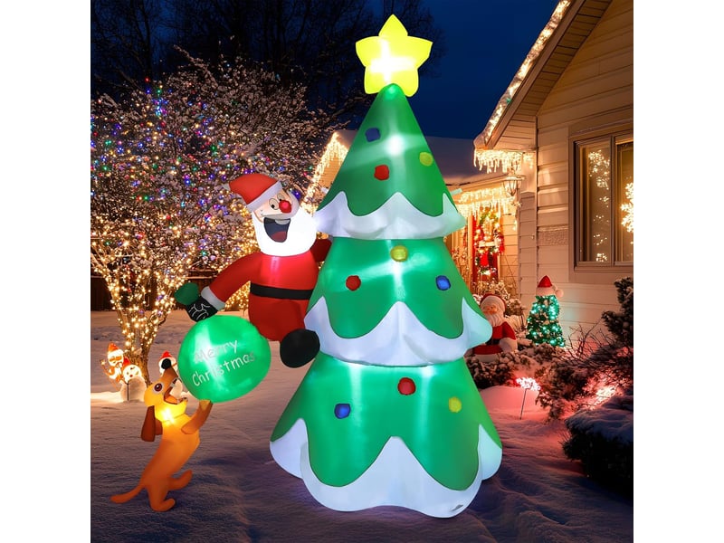  Père noël gonflable 1,8 m escaladant un sapin avec chien et sac cadeau, led, décoration de noël  - Conforama B