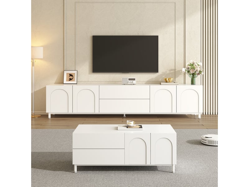  Ensemble meuble tv et table basse de séjour, façades à motif arqué, pieds en acier tubulaire, blanc  - Conforama D