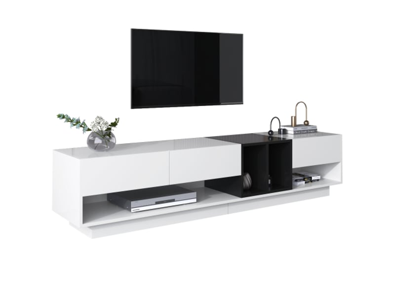  Meuble tv blanc brillant et noir, design color-block, tiroirs, compartiments, nombreux rangements  - Conforama E