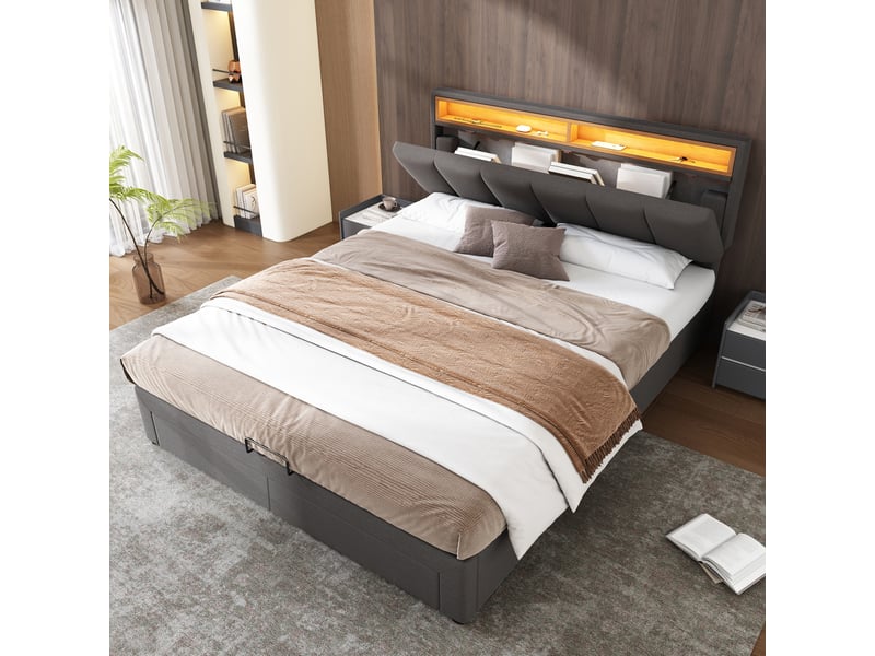  Lit 2 personnes rembourré 140x190 cm avec lumières led - 2 tiroirs - rangement de chevet - cadre de lit coffre hydraulique - lit double  avec sommier à lattes et tête de lit capitonné - 2 places - simple - lin gris - sans matela…  - Conforama R
