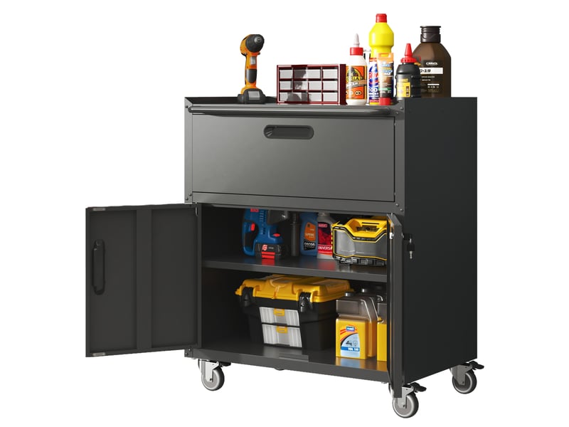 Armoire à outils métallique sur roulettes 75x42x88 cm – noir et gris – 1 tiroir, 2 portes verrouillables, étagères réglables - Conforama C