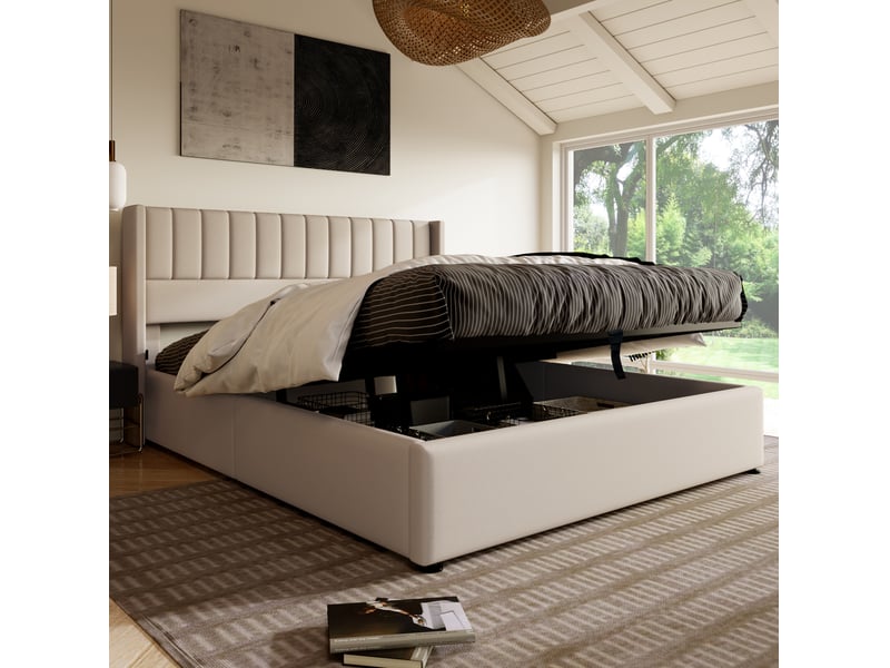  Lit coffre double hydraulique 160 x 200 cm beige en lin avec sommier à lattes  - Conforama C