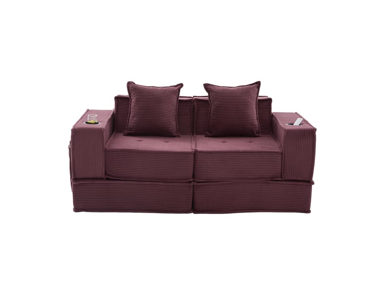  Canapé 2 places ulevr modulaire en velours côtelé rouge bordeaux avec poches latérales, porte-gobelets et 2 coussins, 162 x 78 x 66 cm  - Conforama A