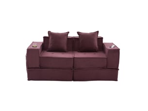 Canapé 2 places ulevr modulaire en velours côtelé rouge bordeaux avec poches latérales, porte-gobelets et 2 coussins, 162 x 78 x 66 cm