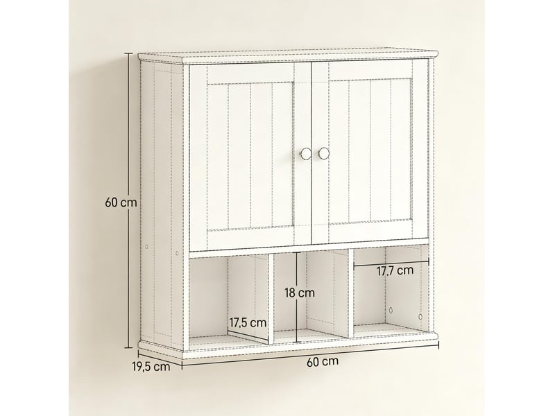  Meuble mural de salle de bains blanc en mdf, 2 portes et 3 niches ouvertes, style campagne, gain de place  - Conforama C
