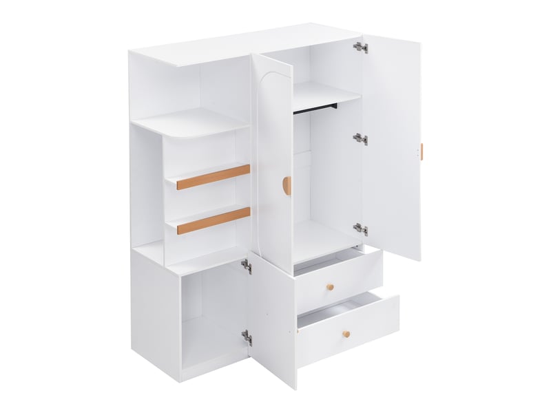 Armoire blanc et bois naturel avec penderie, tiroirs et étagères ouvertes - Conforama E