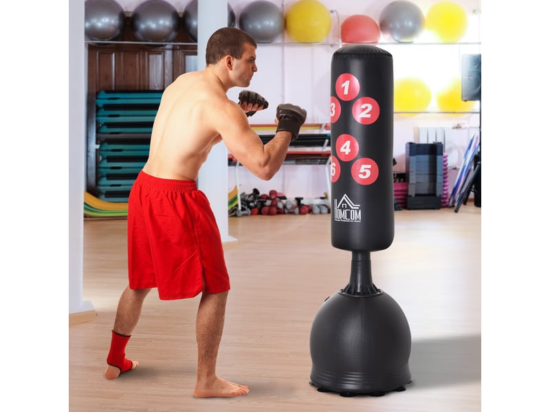  Sac de frappe autoportant 165 cm, base lestable eau (22,5kg)sable (27,5kg) + ventouses caoutchouc, adulteenfant, 50×50×165 cm, noir  - Conforama D