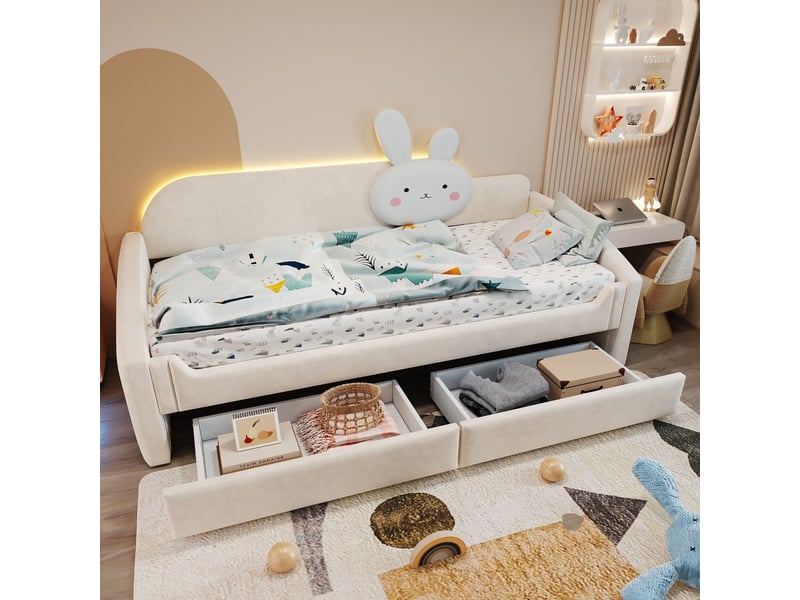 Lit enfant rembourré 90×200cm canapé lit lit capitonné en velours avec led dossier lapin 2 tiroirs, beige - Conforama C