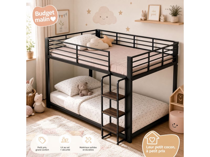  Lit superposé 140x200 cm en métal, échelle à marches larges en bois, barrière de sécurité, lit enfant et ado, noir  - Conforama D