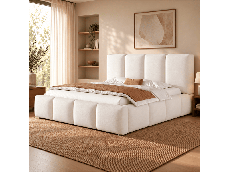  Lit coffre 180x200 cm avec rangement hydraulique, lit double, tête de lit rembourrée, design nuage, sommier à lattes, bouclé blanc  - Conforama D