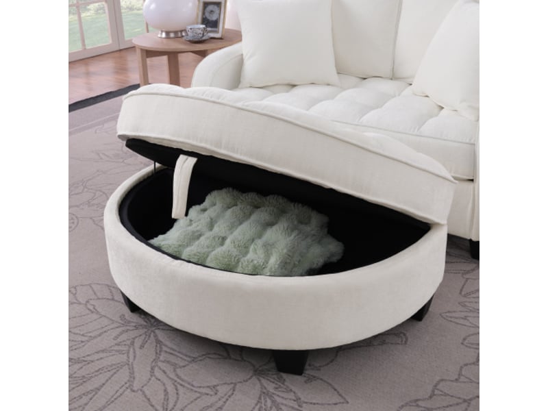 Canapé-lit 2-en-1 avec ottomane de rangement - tissu respirant, bois d'eucalyptus écoresponsable, beige - Conforama E