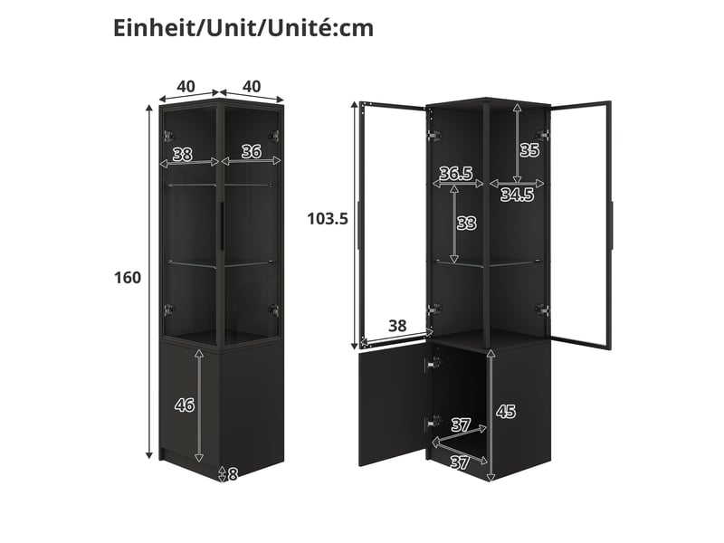  Vitrine haute 40x40x160 cm, éclairage led, commande par application, portes vitrées, grand rangement pour salon et séjour - noir  - Conforama C
