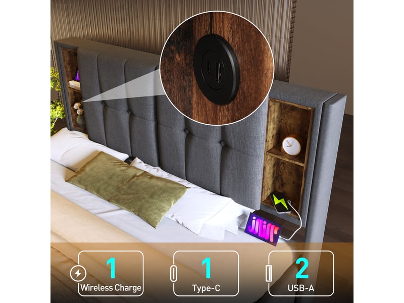  Lit 2 personnes 160x200 cm avec port usb-c, cadre de lit adulte avec tête de lit et matelas, gris, lit double  - Conforama R