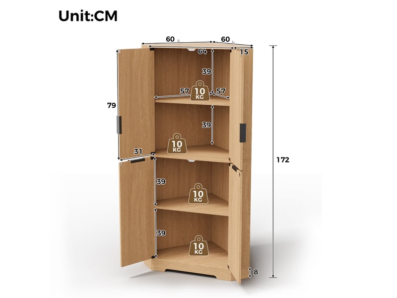  Meuble d’angle avec 4 portes et étagères réglables, finition ondulée, pour cuisine et salon, mdf naturel, 60 × 60 × 172 cm  - Conforama D
