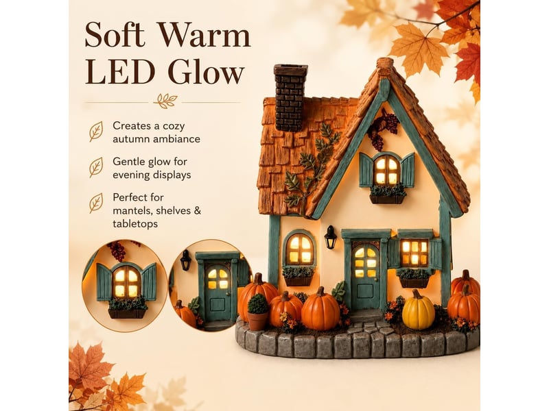  Décoration automne lumineuse 1 pièces, maison de village en résine avec led blanc chaud, décoration de table, blanc  - Conforama E
