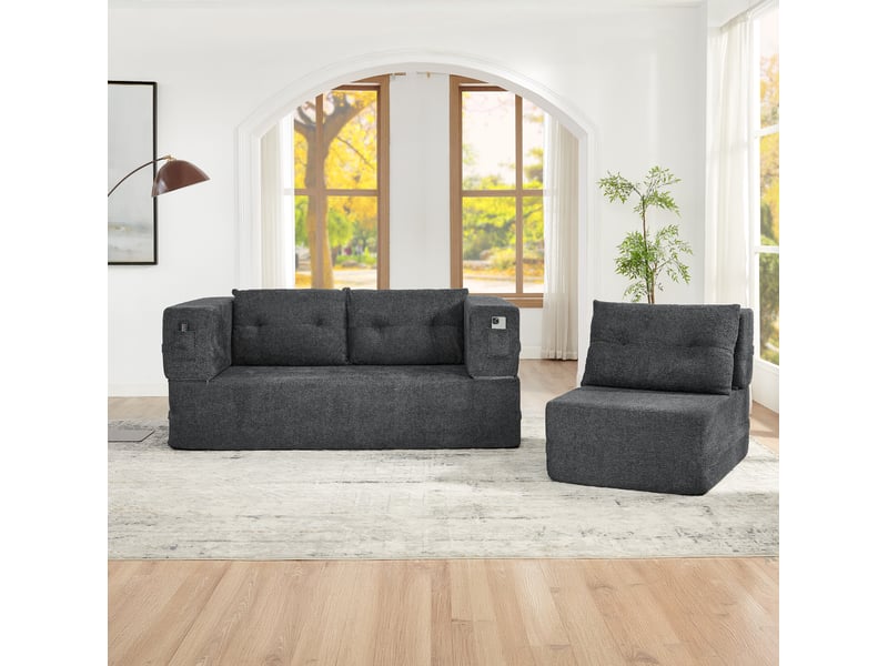  Canapé-lit modulable modenvie 3 places pliable en tissu gris foncé avec fauteuil  - Conforama E