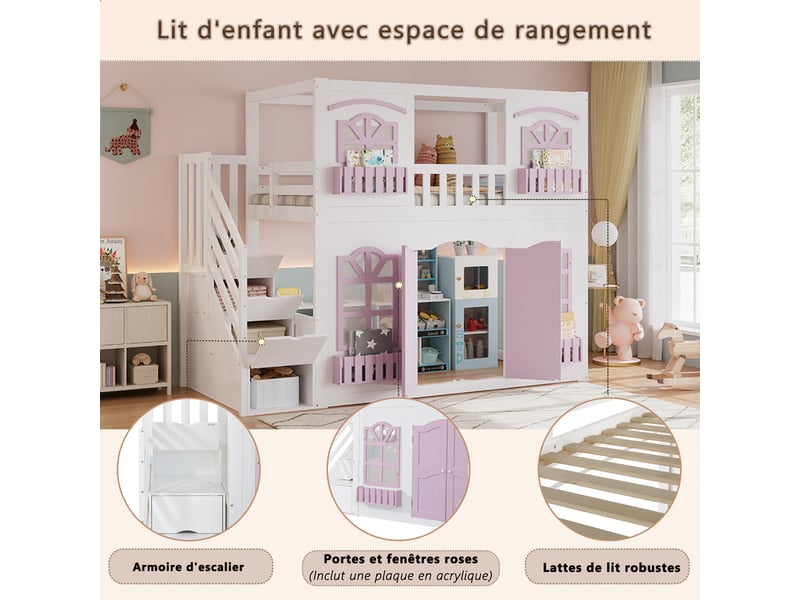 Lit superposé enfant 90x200 cm - avec portes et fenêtres - escalier avec rangements - rayonnage de stockage - bois massif + mdf - blanc + rose (sans matelas) - Conforama W