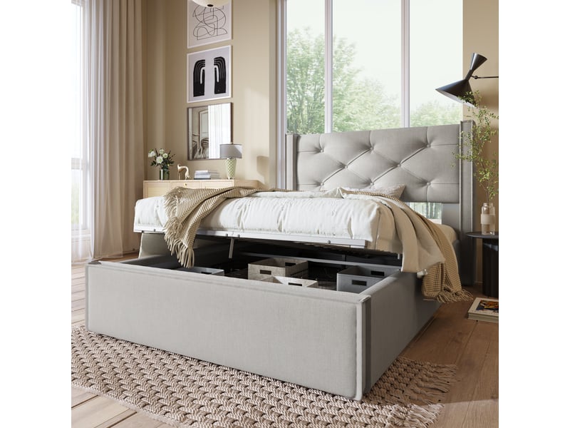  Lit coffre 90x200 cm – lit simple avec tête de lit capitonnée et sommier en métal, sans matelas, gris clair  - Conforama B