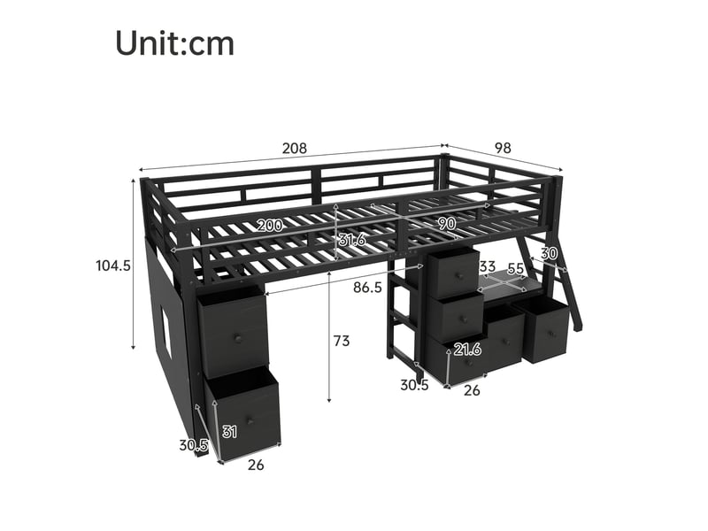  Lit mezzanine enfant 90 x 200 cm avec 7 tiroirs, éclairage led, noir  - Conforama C