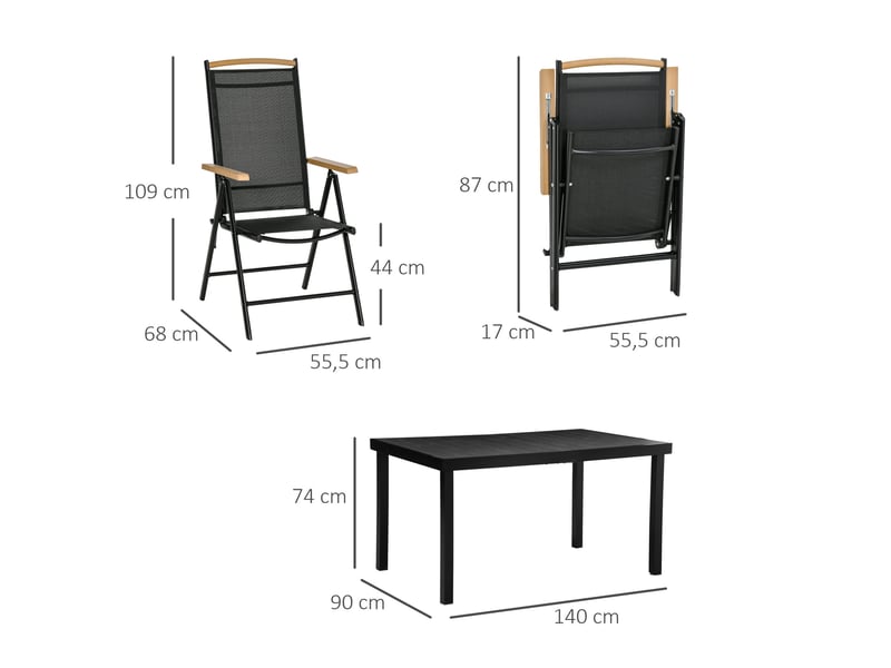  Salon de jardin 6 places avec table 140 x 90 cm et chaises pliantes réglables noires  - Conforama C