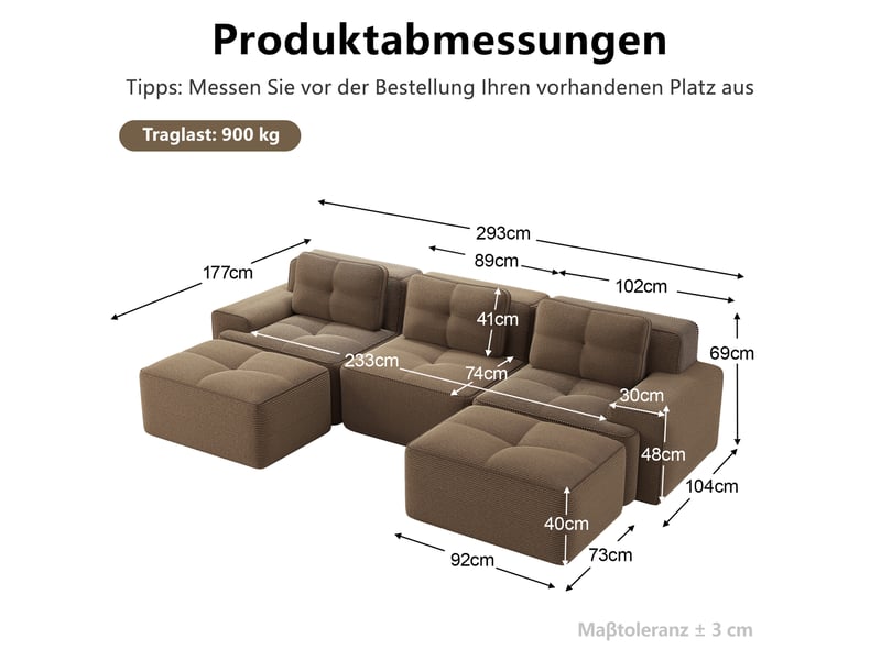  Canapé modulaire en u 293x177x69 cm 3 places avec ottoman velours côtelé marron  - Conforama E
